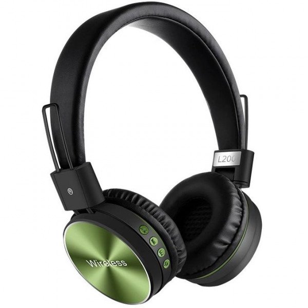 1-8-5-600x600 L200 Wireless Bluetooth Headset – Microphone – FM Radio – Memory Card Slot – Foldable Compatible with mobile and computer Black & Green Color - Image 1