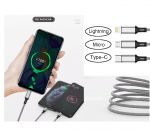 ⁦SENDEM كابل للايفون والاندرويد والتيب سي 3 في 1 للشحن السريع 1.2 متر m10s - لون فضي⁩ - الصورة ⁦4⁩