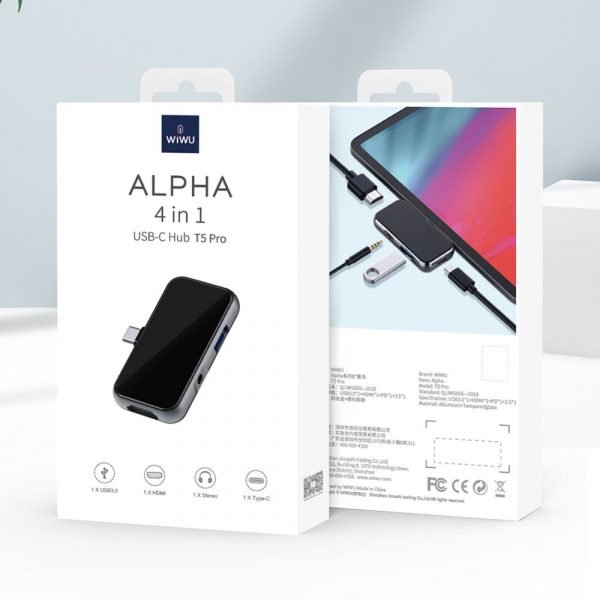 T5 Pro موزع ويوو يو إس بي تايب C محول 4 في 1 متوافق مع اجهزة الماك والهواتف الذكية والأيباد برو