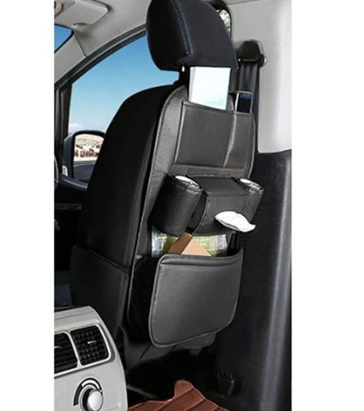 Car Seat Back Storage Organizer Bag Faux Leather Multifunction Organizer Holder Travel Accessories - SCS100 - Black