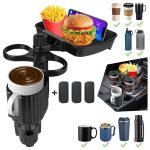 Car cup holder with a detachable rotating food tray in addition to 2 small cup slots and a large cup slot / Model CUP-A05