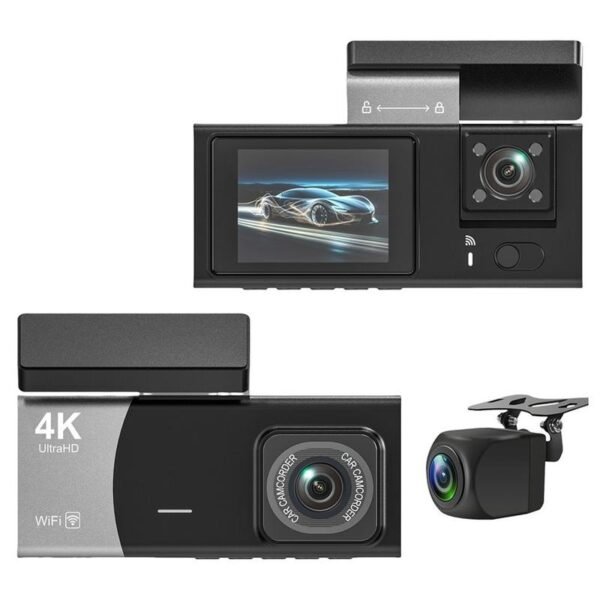 كاميرا Dash Cam ذكية بـ 3 اتجاهات تصوير، شاشة HD بحجم 2.0 بوصة، وتدعم التسجيل الحلقي المستمر وكروت الذاكرة حتى 128 جيجابايت مع خاصية التشغيل والإيقاف التلقائي